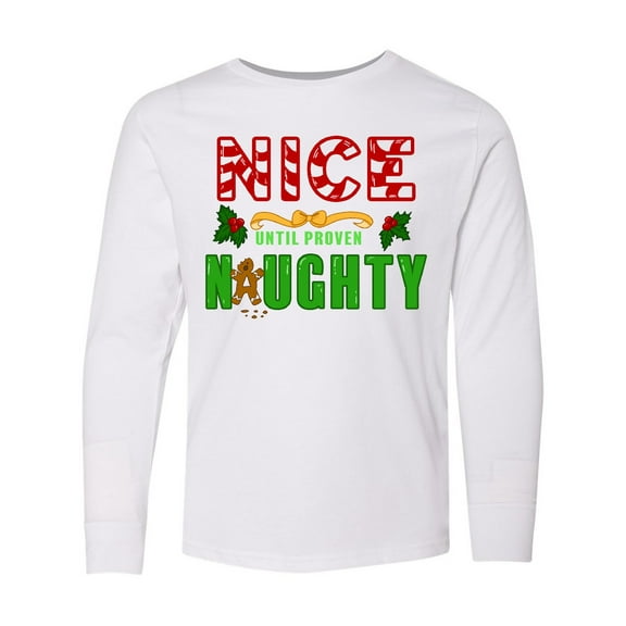 Inktastic Nice Until Proven Naughty with Holly and Gingerbread Man Long Sleeve Youth T-Shirt