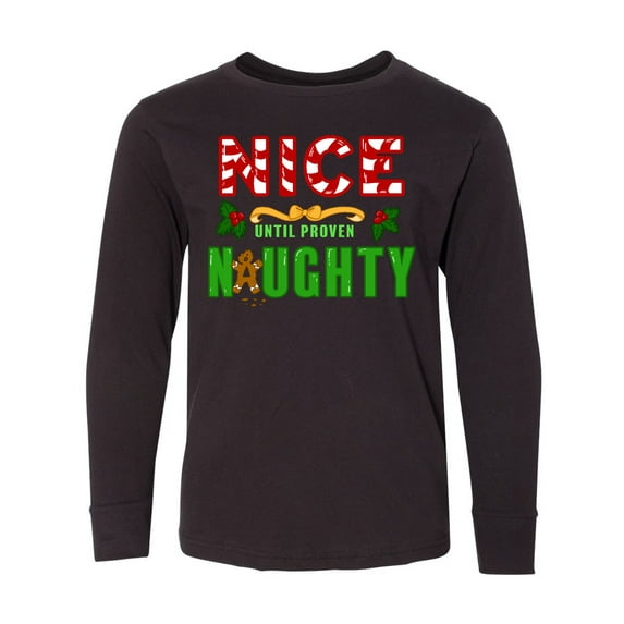 Inktastic Nice Until Proven Naughty with Holly and Gingerbread Man Long Sleeve Youth T-Shirt