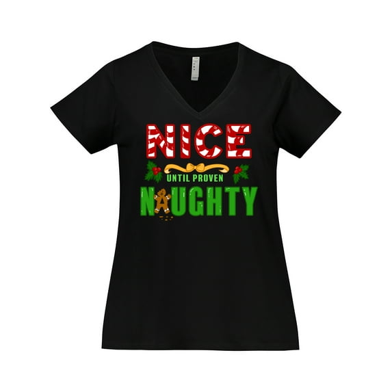 Inktastic Nice Until Proven Naughty with Holly and Gingerbread Man Women's Plus Size V-Neck T-Shirt