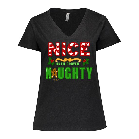 Inktastic Nice Until Proven Naughty with Holly and Gingerbread Man Women's Plus Size V-Neck T-Shirt