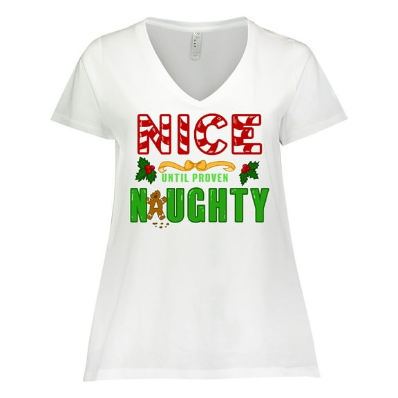 Inktastic Nice Until Proven Naughty with Holly and Gingerbread Man Women's Plus Size V-Neck T-Shirt