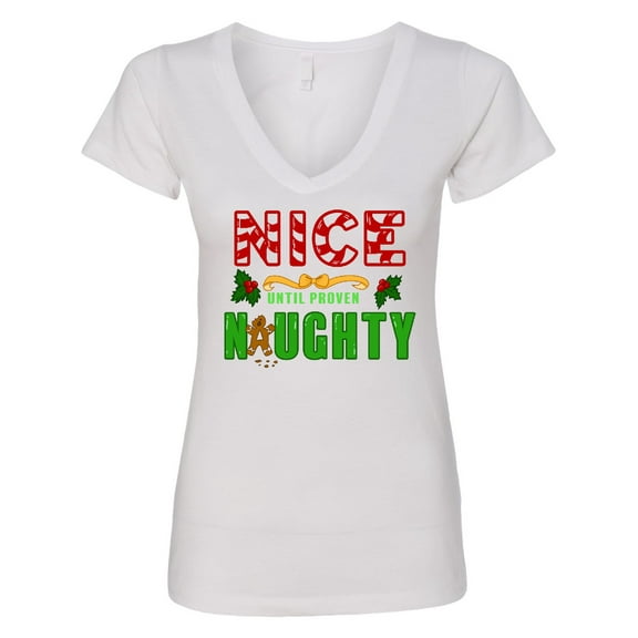 Inktastic Nice Until Proven Naughty with Holly and Gingerbread Man Women's V-Neck T-Shirt