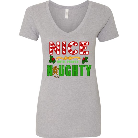 Inktastic Nice Until Proven Naughty with Holly and Gingerbread Man Women's V-Neck T-Shirt
