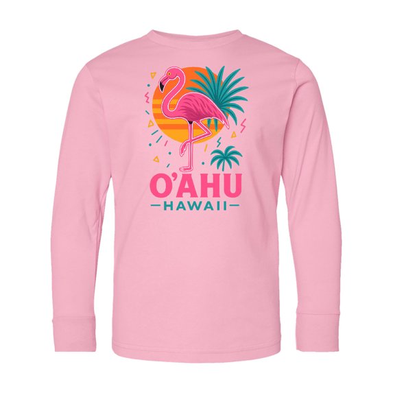 Inktastic O'ahu Hawaii Flamingo Retro Sunset Long Sleeve Youth T-Shirt
