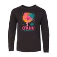 thumbnail image 1 of Inktastic O'ahu Hawaii Flamingo Retro Sunset Long Sleeve Youth T-Shirt, 1 of 5