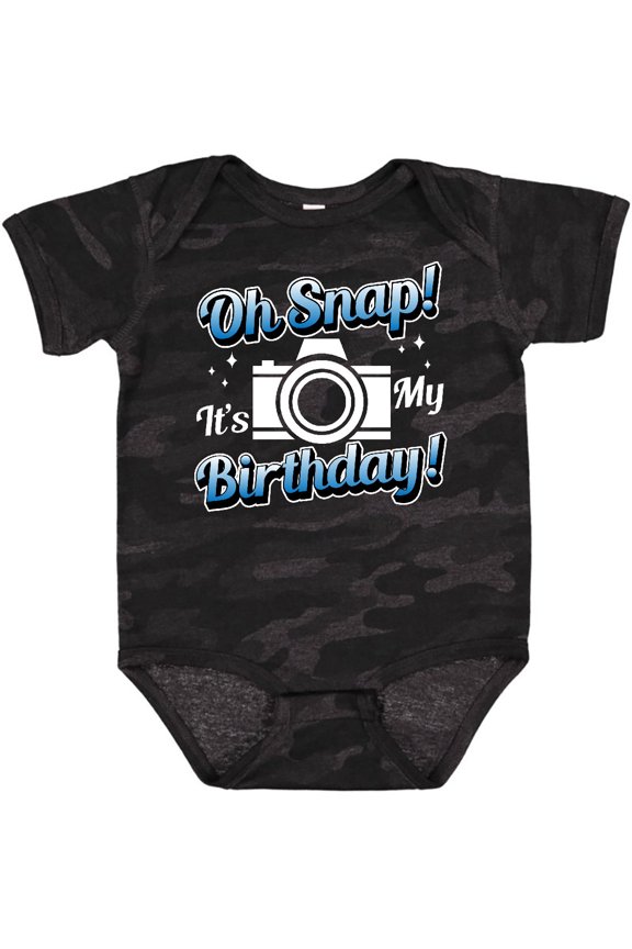 Oh Snap Its My Birthday with Camera and Sparkles White Boys or Girls Baby Bodysuit