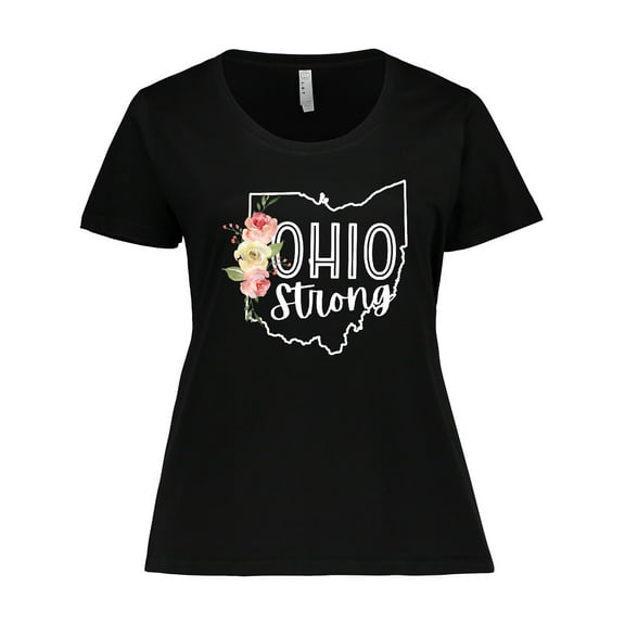Inktastic Ohio Strong with State Silhouette and Pink Flowers Women's Plus Size T-Shirt