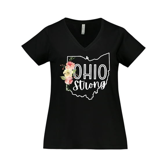 Inktastic Ohio Strong with State Silhouette and Pink Flowers Women's Plus Size V-Neck T-Shirt