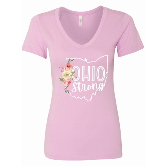 Inktastic Ohio Strong with State Silhouette and Pink Flowers Women's V-Neck T-Shirt