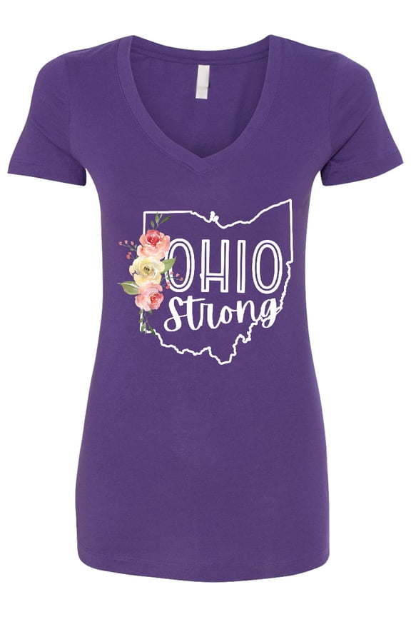 Ohio Strong with State Silhouette and Pink Flowers Women's V-Neck T-Shirt