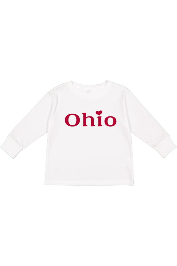 Ohio in Red Text with Heart Boys or Girls Long Sleeve Toddler T-Shirt