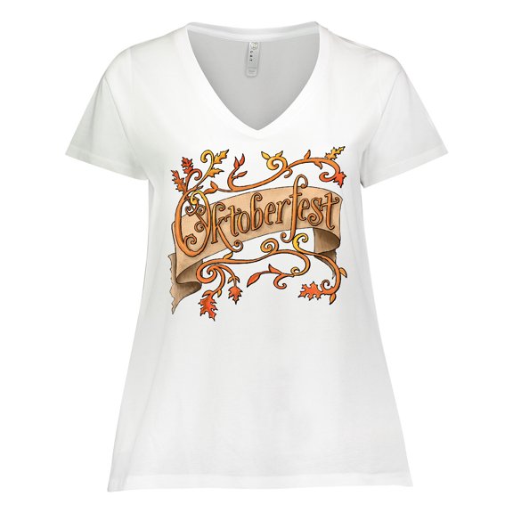 Inktastic Oktoberfest Banner with Orange Autumn Leaves Women's Plus Size V-Neck T-Shirt