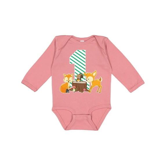 Inktastic One Years Old with Woodland Animals Boys or Girls Long Sleeve Baby Bodysuit