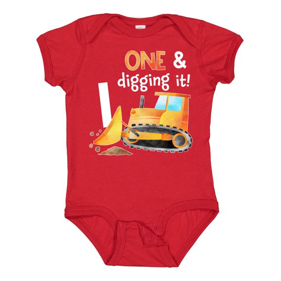 Inktastic One and Digging It Bulldozer 1st Birthday Boys or Girls Baby Bodysuit
