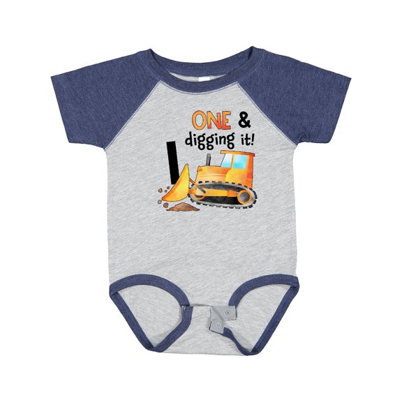 Inktastic One and Digging It Bulldozer 1st Birthday Boys or Girls Baby Bodysuit