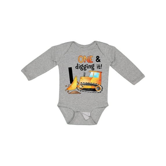 Inktastic One and Digging It Bulldozer 1st Birthday Boys or Girls Long Sleeve Baby Bodysuit