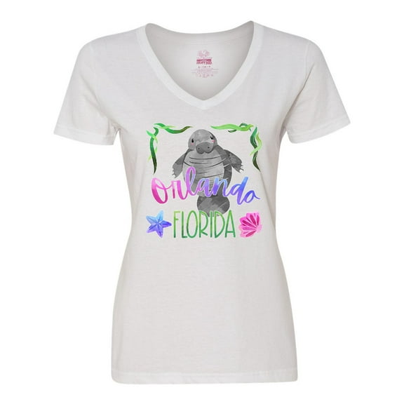 Inktastic Orlando Florida Cute Swimming Manatee Women's V-Neck T-Shirt