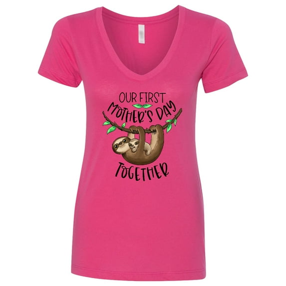 Inktastic Our 1st Mother's Day Together Cute Mom and Baby Sloth Women's V-Neck T-Shirt