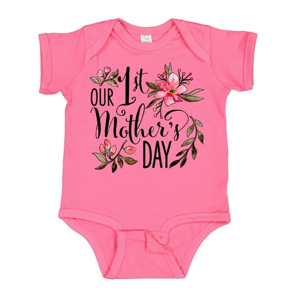 Inktastic Our First Mother's Day Pink Flowers Boys or Girls Baby Bodysuit