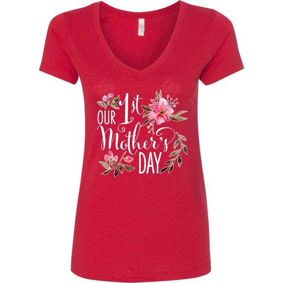 Inktastic Our First Mother's Day Pink Flowers Women's V-Neck T-Shirt