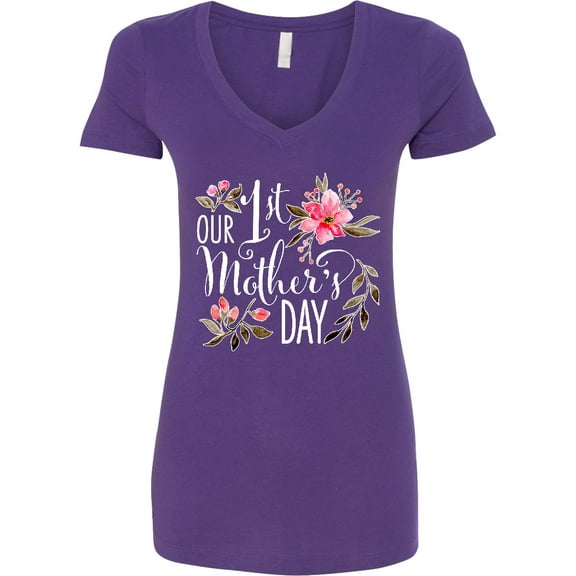 Inktastic Our First Mother's Day Pink Flowers Women's V-Neck T-Shirt