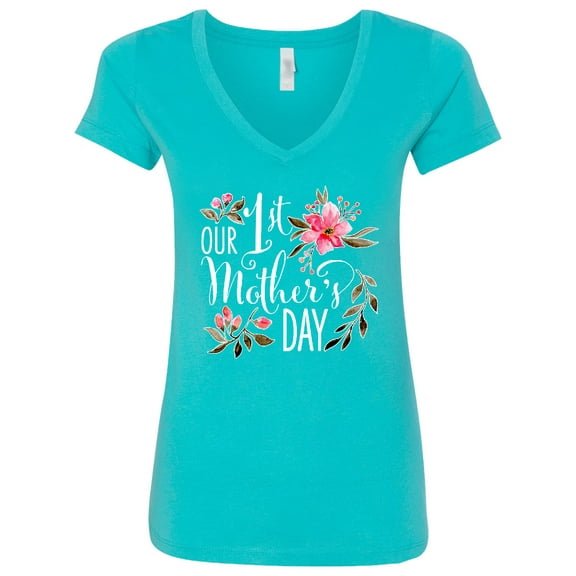 Inktastic Our First Mother's Day Pink Flowers Women's V-Neck T-Shirt