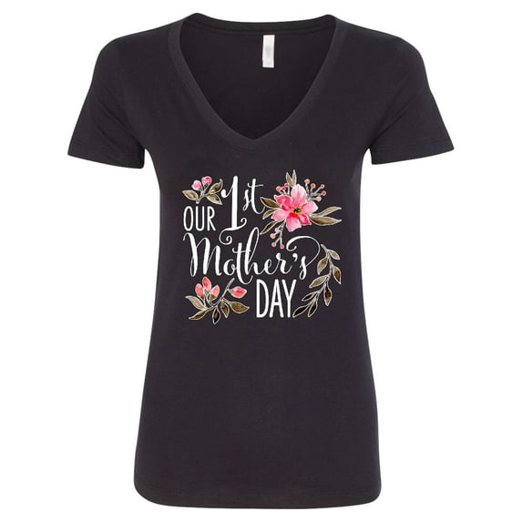 Inktastic Our First Mother's Day Pink Flowers Women's V-Neck T-Shirt