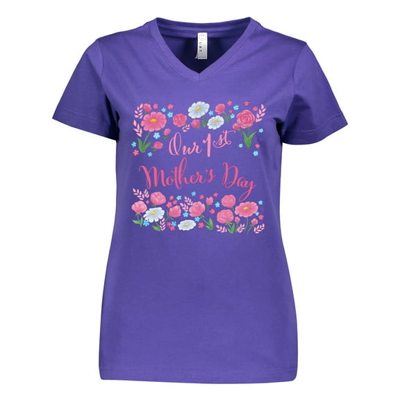 Inktastic Our First Mother's Day-Roses and Daisies Women's V-Neck T-Shirt
