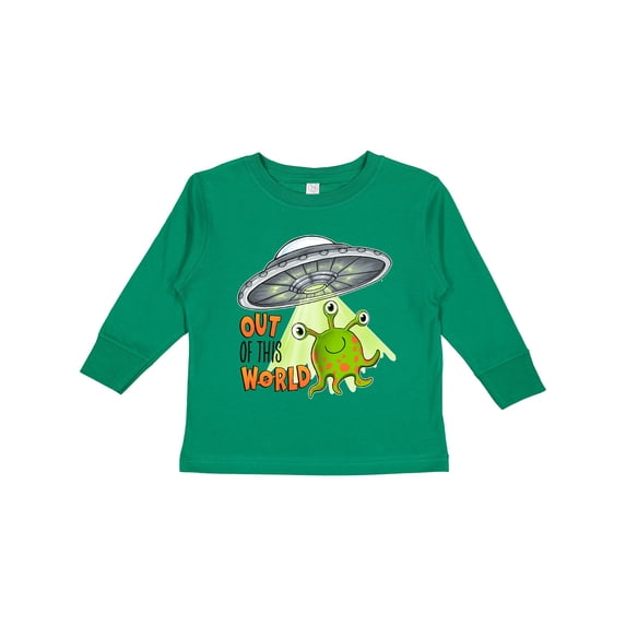 Inktastic Out of This World- Cute Green Alien UFO Boys or Girls Long Sleeve Toddler T-Shirt
