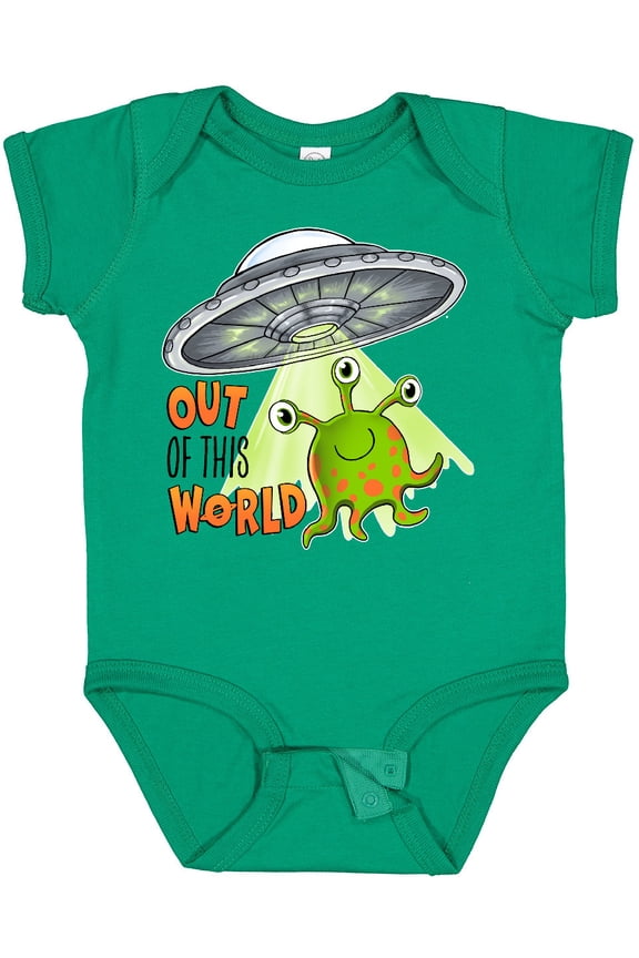 Out of this World- cute green alien UFO Boys or Girls Baby Bodysuit