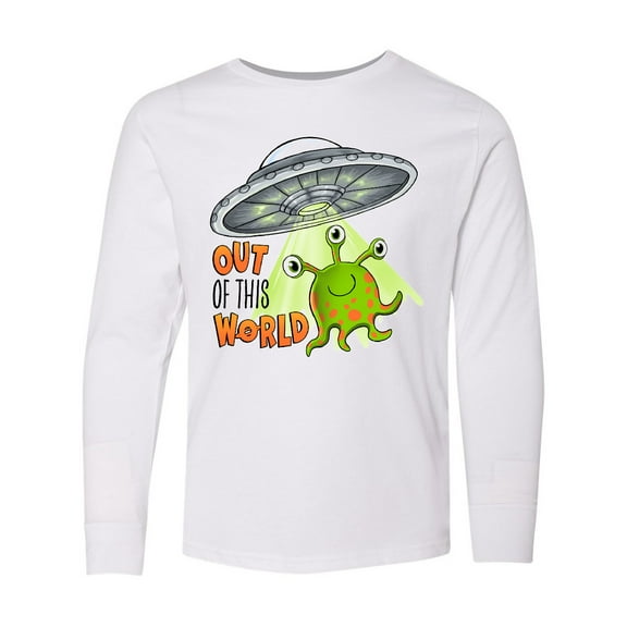 Inktastic Out of this World- cute green alien UFO Long Sleeve Youth T-Shirt