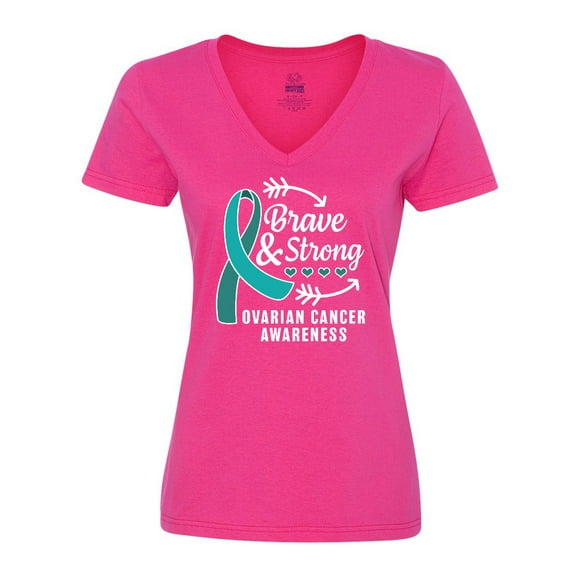 Inktastic Ovarian Cancer Awareness Brave and Strong with Arrows Women's V-Neck T-Shirt