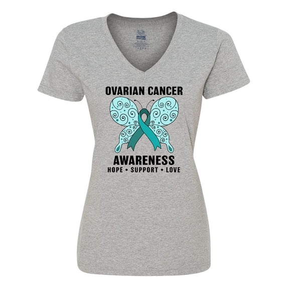 Inktastic Ovarian Cancer Awareness Hope Support and Love Women's V-Neck T-Shirt