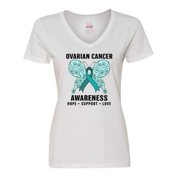 Inktastic Ovarian Cancer Awareness Hope Support and Love Women's V-Neck T-Shirt