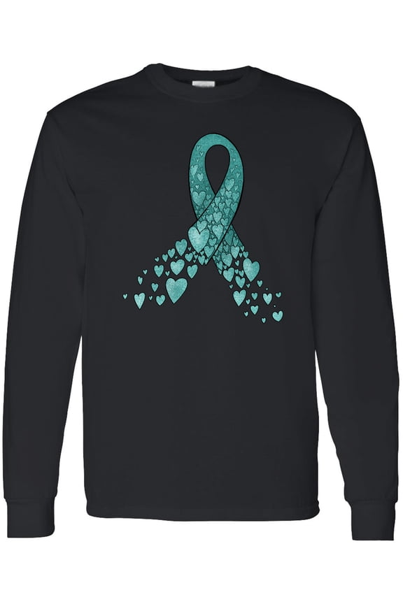 Ovarian Cancer Awareness Teal Ribbon Made of Hearts Long Sleeve T-Shirt