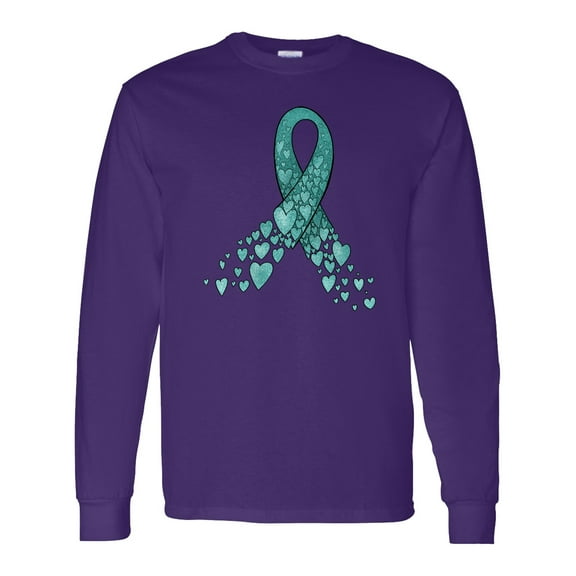 Inktastic Ovarian Cancer Awareness Teal Ribbon Made of Hearts Long Sleeve T-Shirt