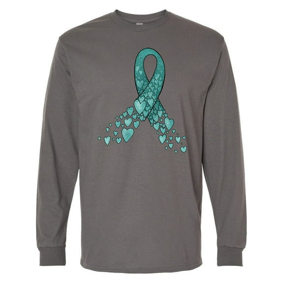 Inktastic Ovarian Cancer Awareness Teal Ribbon Made of Hearts Long Sleeve T-Shirt
