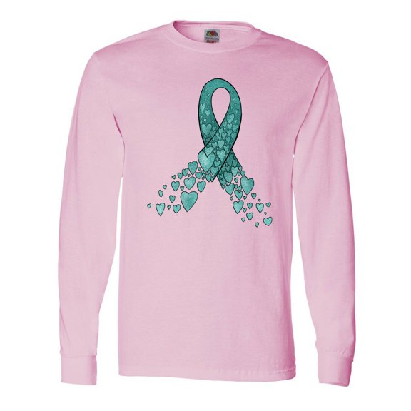 Inktastic Ovarian Cancer Awareness Teal Ribbon Made of Hearts Long Sleeve T-Shirt