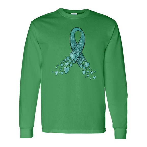 Inktastic Ovarian Cancer Awareness Teal Ribbon Made of Hearts Long Sleeve T-Shirt