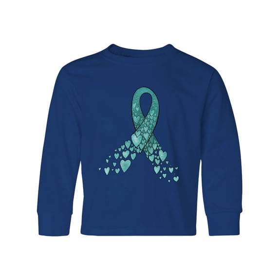 Inktastic Ovarian Cancer Awareness Teal Ribbon Made of Hearts Long Sleeve Youth T-Shirt