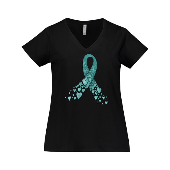 Inktastic Ovarian Cancer Awareness Teal Ribbon Made of Hearts Women's Plus Size V-Neck T-Shirt