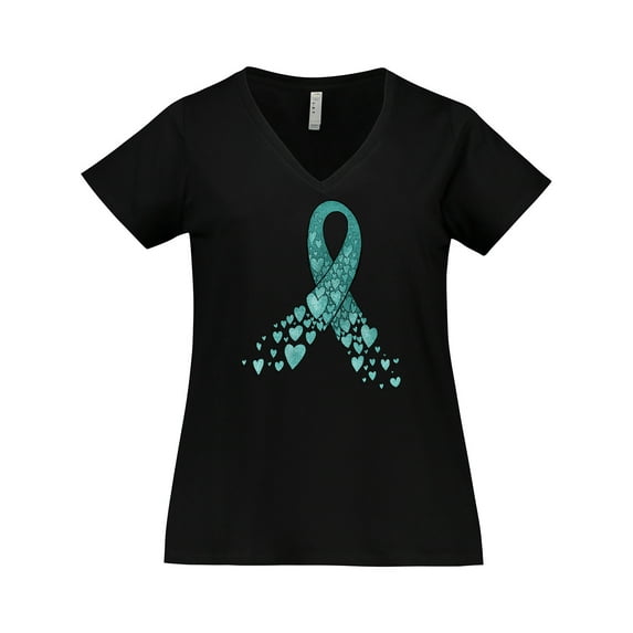 Inktastic Ovarian Cancer Awareness Teal Ribbon Made of Hearts Women's Plus Size V-Neck T-Shirt