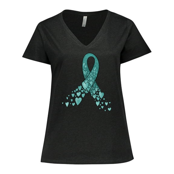 Inktastic Ovarian Cancer Awareness Teal Ribbon Made of Hearts Women's Plus Size V-Neck T-Shirt