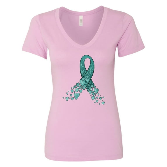 Inktastic Ovarian Cancer Awareness Teal Ribbon Made of Hearts Women's V-Neck T-Shirt