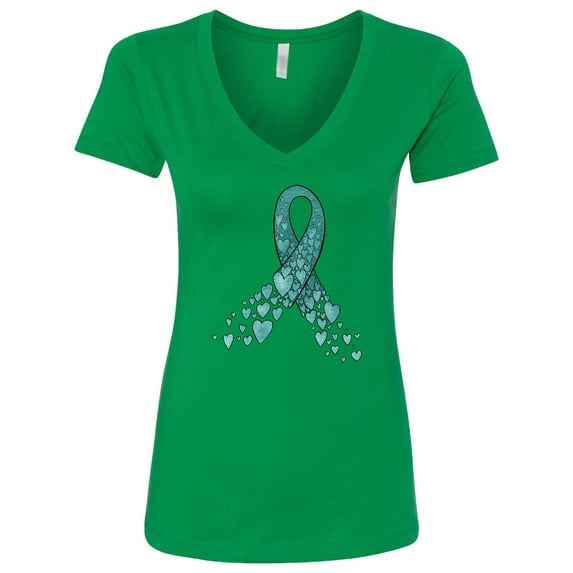 Inktastic Ovarian Cancer Awareness Teal Ribbon Made of Hearts Women's V-Neck T-Shirt