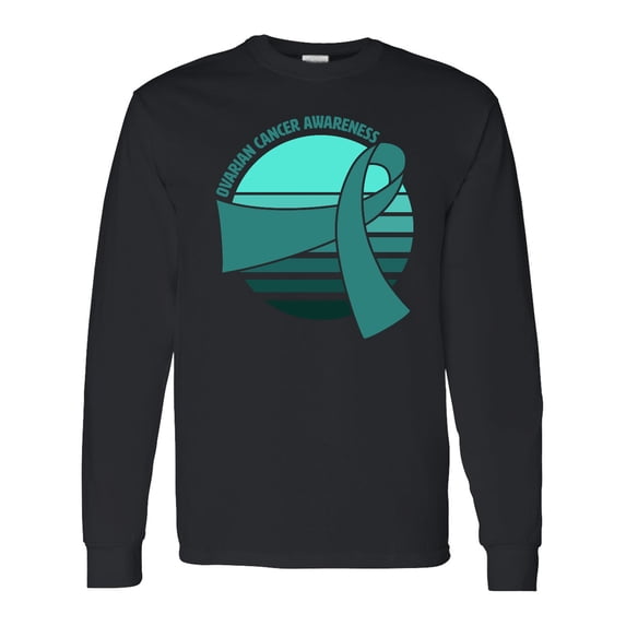 Inktastic Ovarian Cancer Awareness Teal Ribbon over Sunrise Long Sleeve T-Shirt