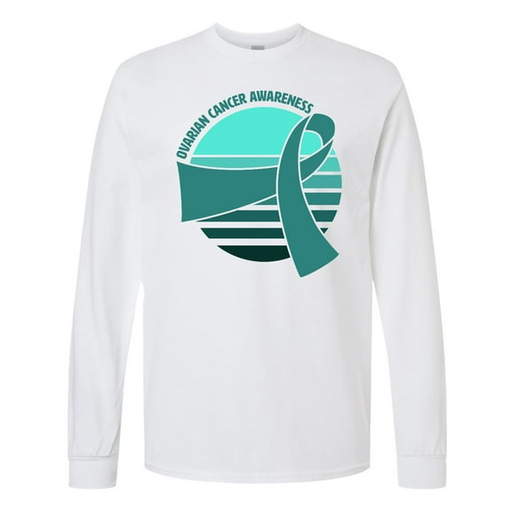 Inktastic Ovarian Cancer Awareness Teal Ribbon over Sunrise Long Sleeve T-Shirt