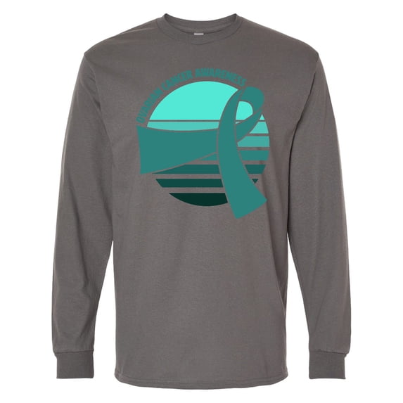 Inktastic Ovarian Cancer Awareness Teal Ribbon over Sunrise Long Sleeve T-Shirt