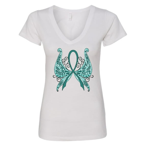 Inktastic Ovarian Cancer Awareness with Butterfly Ribbon Words Women's V-Neck T-Shirt