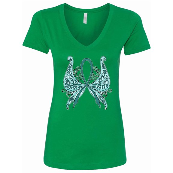 Inktastic Ovarian Cancer Awareness with Butterfly Ribbon Words Women's V-Neck T-Shirt